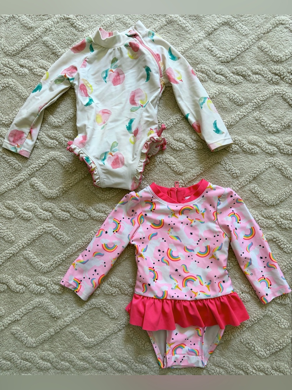 Girls 12M Swimsuit Bundle - Long Sleeve One Piece Bathing Suit W/Snaps, Lot Of 2